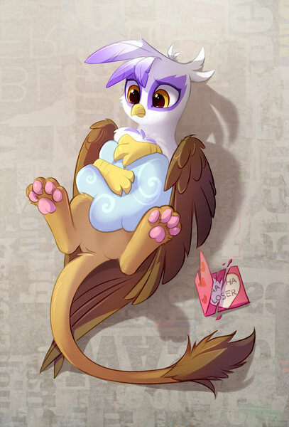 Size: 800x1179 | Tagged: safe, artist:tomatocoup, derpibooru import, gilda, gryphon, about to cry, cloud, cruel, cute, female, gildadorable, holiday, hug, on back, paws, pillow, sad, solo, underpaw, valentine's day, valentine's day card