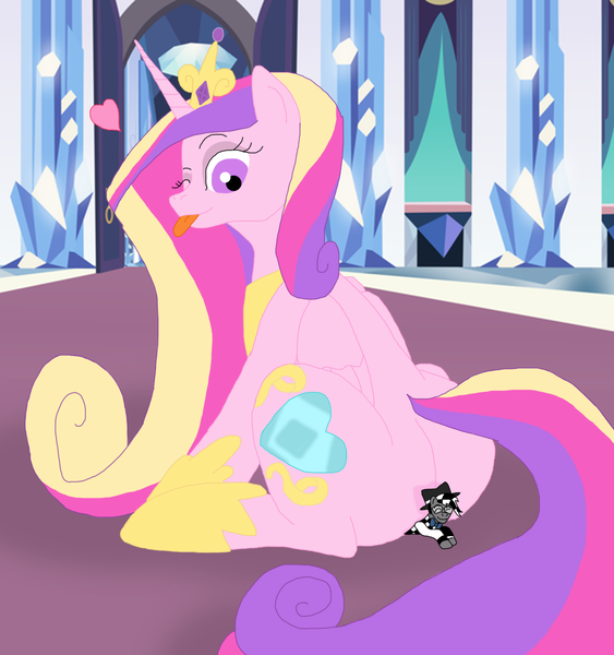 Size: 1700x1813 | Tagged: suggestive, artist:final7darkness, derpibooru import, princess cadance, oc, oc:checkerboard, alicorn, pony, butt crush, clothes, crushing, crystal empire, glasses, hat, heart, micro, one eye closed, shrunk, sitting, smothering, stuck, tongue out, wink