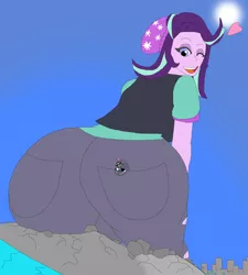 Size: 1700x1888 | Tagged: suggestive, artist:final7darkness, derpibooru import, starlight glimmer, oc, oc:checkerboard, pony, equestria girls, ass, beanie, building, city, clothes, crushing, destruction, female, giantess, glasses, hat, heart, macro, mega glimmer, one eye closed, open mouth, pants, the ass was fat, wink