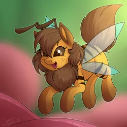 Size: 1280x1280 | Tagged: safe, artist:sugaryviolet, derpibooru import, oc, oc:beeatrice, unofficial characters only, bee pony, original species, pony, blurred background, cute, female, flying, happy, mare, ocbetes, open mouth, signature, smiling, solo