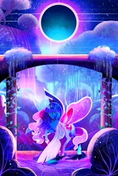 Size: 1900x2823 | Tagged: safe, artist:clockworkquartet, derpibooru import, princess luna, alicorn, pony, arch, color porn, column, eclipse, eyestrain warning, female, glowing horn, horn, looking at you, magic, mare, moon, open mouth, pillar, solo, sun, tree, vine, water, waterfall, wings