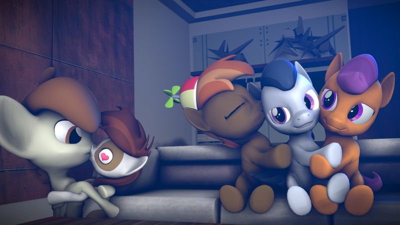Size: 3840x2160 | Tagged: 3d, artist:viranimation, bruh, button mash, derpibooru import, feathersqueak, featherweight, gay, heart eyes, hearts and hooves day, hug, hug sandwich, kissing, kiss on the cheek, male, pipsqueak, rumble, rumble gets all the colts, rumblemash, rumbletaps, safe, shipping, source filmmaker, tender taps, wingding eyes
