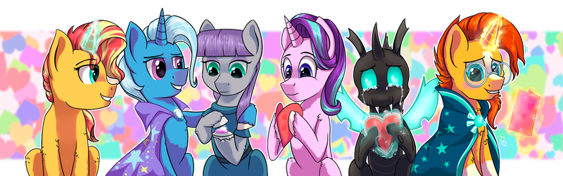 Size: 2070x650 | Tagged: safe, artist:kiarawizard01, derpibooru import, maud pie, starlight glimmer, sunburst, sunset shimmer, thorax, trixie, changeling, earth pony, pony, unicorn, blushing, crying, female, glowing horn, holiday, magic, male, mare, stallion, valentine's day