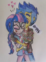 Size: 1024x1365 | Tagged: safe, artist:ro994, derpibooru import, flash sentry, sci-twi, twilight sparkle, equestria girls, alternate hairstyle, female, flashlight, flower, glasses, heart, kissing, male, sciflash, shipping, smiling, straight, traditional art