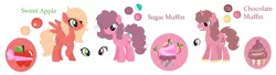 Size: 1024x280 | Tagged: safe, artist:semlandraw, derpibooru import, oc, oc:chocolate muffin, oc:sugar muffin, oc:sweet apple, unofficial characters only, earth pony, pegasus, pony, unicorn, base used, female, half-siblings, male, mare, offspring, parent:big macintosh, parent:fluttershy, parent:sugar belle, parents:fluttermac, parents:sugarmac, reference sheet, simple background, stallion, white background