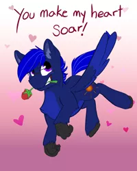 Size: 2400x3000 | Tagged: artist:scruffasus, cute, derpibooru import, flower, flower in mouth, flying, gradient background, heart, hearts and hooves day, hippogriff, holiday, mouth hold, oc, oc:neutrino burst, rose, rose in mouth, safe, valentine's day, wings