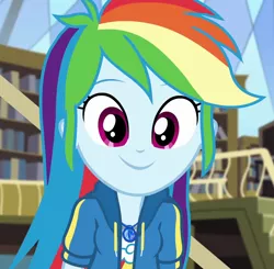 Size: 1100x1080 | Tagged: safe, derpibooru import, screencap, rainbow dash, equestria girls, equestria girls series, fluttershy's butterflies, beautiful, best pony, cute, cuteness overload, daaaaaaaaaaaw, dashabetes, fluttershy's butterflies: dj pon-3, geode of super speed, happy, hnnng, library, looking at you, magical geodes, smiling, solo, weapons-grade cute