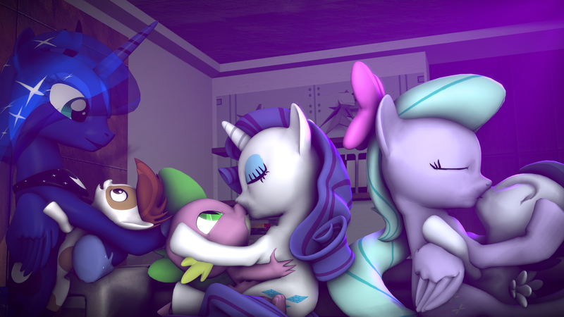 Size: 3840x2160 | Tagged: safe, artist:viranimation, derpibooru import, flitter, pipsqueak, princess luna, rarity, rumble, spike, 3d, age difference, female, flitterumble, hearts and hooves day, kissing, lunapip, male, shipping, source filmmaker, sparity, straight, straight shota