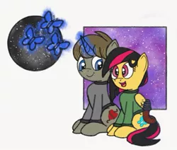 Size: 1023x869 | Tagged: artist:darkknighthoof, butterfly, clothes, cute, derpibooru import, junihoof, night, night sky, oc, oc:darkknighthoof, oc:juniper, safe, shipping, simple background, sky, stars, sweater, white background