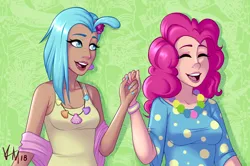 Size: 1200x796 | Tagged: safe, artist:emberfan11, derpibooru import, pinkie pie, princess skystar, human, my little pony: the movie, bracelet, clothes, cute, duo, eyes closed, female, green background, holding hands, humanized, jewelry, lesbian, seashell necklace, shipping, shirt, signature, simple background, skypie, smiling
