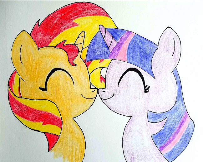 Size: 649x520 | Tagged: safe, artist:slasher0001, derpibooru import, sunset shimmer, twilight sparkle, pony, unicorn, boop, cute, eyes closed, female, lesbian, mare, mutual booping, noseboop, nuzzling, shimmerbetes, shipping, smiling, sunsetsparkle, traditional art, twiabetes