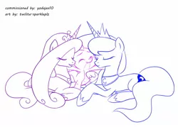 Size: 1400x1000 | Tagged: safe, artist:twilite-sparkleplz, derpibooru import, princess cadance, princess luna, spike, alicorn, dragon, pony, eyes closed, female, infidelity, interspecies, lucky bastard, male, mare, monochrome, shipping, simple background, sketch, smiling, spike gets all the mares, spikedance, spiluna, straight, white background