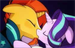 Size: 1642x1067 | Tagged: safe, artist:dsana, derpibooru import, starlight glimmer, sunburst, pony, comic:the shadow shard, eyes closed, female, kissing, male, mare, shipping, stallion, starburst, straight