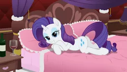 Size: 1920x1080 | Tagged: safe, artist:niggerfaggot, derpibooru import, rarity, pony, unicorn, alcohol, bed, bedroom eyes, concept art, dock, draw me like one of your french girls, eyelashes, eyeshadow, female, lidded eyes, looking at you, makeup, mare, movie accurate, pinup, plot, prone, solo, wine, wineglass