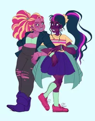 Size: 3080x3912 | Tagged: safe, artist:sunsetshimmmer, derpibooru import, sci-twi, sunset shimmer, twilight sparkle, equestria girls, alternate costumes, alternate hairstyle, dark skin, female, holding hands, human coloration, lesbian, looking at each other, ponytail, scitwishimmer, shipping, smiling, sunsetsparkle, tan skin