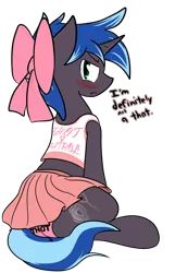 Size: 1401x2172 | Tagged: suggestive, artist:candel, derpibooru import, oc, oc:lock down, unofficial characters only, pony, unicorn, blushing, bow, clothes, crossdressing, cute, dialogue, femboy, hair bow, looking at you, male, ocbetes, panties, pink underwear, pleated skirt, plot, simple background, skirt, skirt lift, solo, solo male, thot, transparent background, trap, tsundere, underwear, upskirt