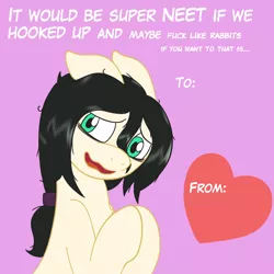 Size: 576x576 | Tagged: suggestive, artist:scraggleman, derpibooru import, oc, oc:floor bored, unofficial characters only, earth pony, pony, female, heart, holiday, hooves together, mare, nervous, open mouth, pink background, pun, simple background, solo, solo female, subtle as a train wreck, text, valentine's day, valentine's day card, vulgar, wavy mouth