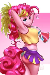Size: 1900x2850 | Tagged: suggestive, artist:mykegreywolf, derpibooru import, pinkie pie, anthro, earth pony, arm behind head, armpits, balloonbutt, blue underwear, breasts, cheerleader, cheerleader pinkie, clothes, erect nipples, female, looking at you, looking back, looking back at you, mare, megaphone, midriff, nipple outline, panties, pom pom, rear view, skirt, smiling, solo, solo female, thong, underwear, upskirt