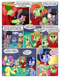 Size: 1280x1656 | Tagged: artist:zanezandell, ascot, bandaid, big no, bipedal, blushing, cape, clothes, cmcnext, comic, comic:cmcnext, cowboy hat, crush, crying, derpibooru import, goggles, hat, height difference, hoof on shoulder, magical lesbian spawn, no, oc, oc:cortland apple, oc:krabby, oc:spindle thread, oc:sugarbolt, oc:truffle mint, offspring, parent:bon bon, parent:lyra heartstrings, parents:lyrabon, plaid, plaid shirt, safe, scarf, screwdriver, shirt, speech bubble, striped shirt, tall, unofficial characters only, vest