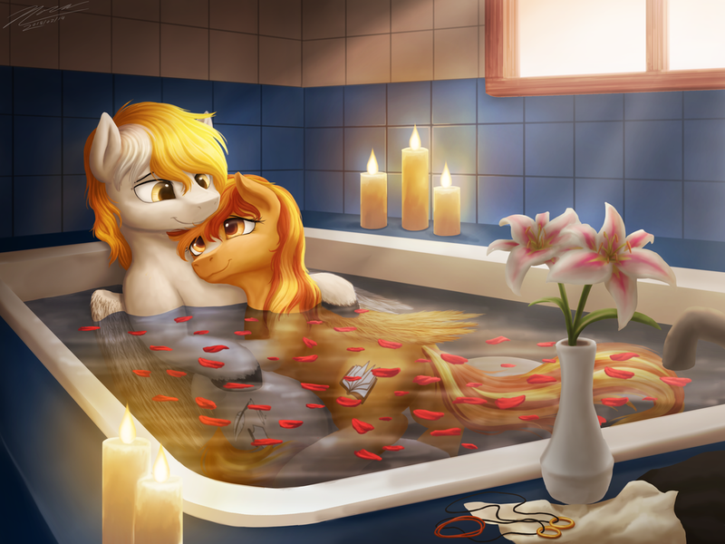 Size: 1024x768 | Tagged: artist:novaintellus, bath, bathtub, candle, cuddling, derpibooru import, duo, female, flower, male, oc, oc:serenity, oc:white feather, romantic, safe, serenither, straight, vase, water