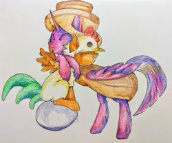 Size: 1139x949 | Tagged: safe, artist:shotsyshotsy, derpibooru import, scootaloo, twilight sparkle, twilight sparkle (alicorn), alicorn, pegasus, pony, animal costume, bipedal, chicken suit, clothes, costume, cute, cutealoo, egg, eyes closed, female, filly, food, food costume, grin, happy, hug, i'm pancake, mare, open mouth, scootachicken, scootalove, silly, silly pony, simple background, smiling, spread wings, squee, traditional art, twiabetes, white background, wings