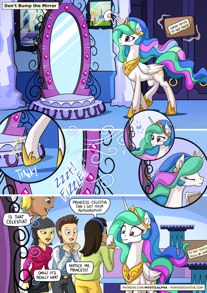 Size: 955x1351 | Tagged: safe, artist:mysticalpha, derpibooru import, princess celestia, alicorn, human, pony, equestria girls, brony, comic, dialogue, female, magic mirror, mare, notice me senpai, portal, speech bubble