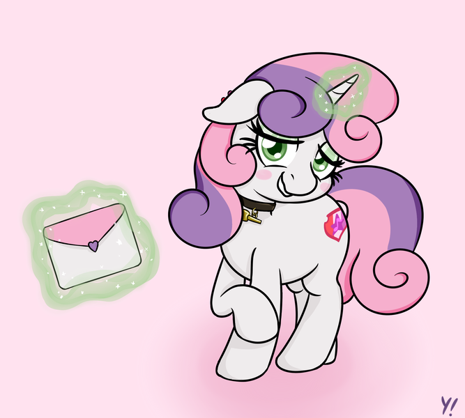 Size: 2000x1800 | Tagged: safe, artist:yakoshi, derpibooru import, sweetie belle, pony, unicorn, blushing, choker, cute, cutie mark, diasweetes, glowing horn, horn, letter, magic, older, older sweetie belle, solo, sweetie belle's magic brings a great big smile, telekinesis, the cmc's cutie marks