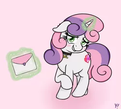 Size: 2000x1800 | Tagged: safe, artist:yakoshi, derpibooru import, sweetie belle, pony, unicorn, blushing, choker, cute, cutie mark, diasweetes, glowing horn, horn, letter, magic, older, older sweetie belle, solo, sweetie belle's magic brings a great big smile, telekinesis, the cmc's cutie marks