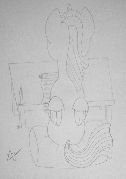 Size: 1840x2604 | Tagged: alicorn, candle, cushion, derpibooru import, female, mare, reading, rear view, safe, scroll, sitting, sketch, solo, table, traditional art, twilight sparkle, twilight sparkle (alicorn), wax