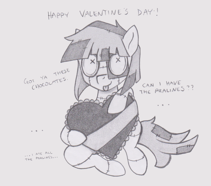 Size: 1261x1112 | Tagged: safe, artist:lockerobster, derpibooru import, oc, oc:wetweave, hagwarders, original species, community related, dialogue, hearts and hooves day, holiday, monochrome, solo, tongue out, valentine's day
