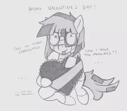 Size: 1261x1112 | Tagged: safe, artist:lockerobster, derpibooru import, oc, oc:wetweave, hagwarders, original species, community related, dialogue, hearts and hooves day, holiday, monochrome, solo, tongue out, valentine's day