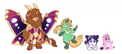 Size: 1280x566 | Tagged: safe, artist:earthsong9405, deleted from derpibooru, derpibooru import, oc, oc:bubblegum, oc:cookie dough, oc:snap apple, oc:stella, unofficial characters only, anthro, earth pony, hybrid, unguligrade anthro, adopted offspring, antennae, changeling hybrid, coat markings, colored hooves, hair over eyes, heterochromia, interspecies offspring, line-up, magical lesbian spawn, next generation, offspring, parent:applejack, parent:fluttershy, parent:pinkie pie, parent:rainbow dash, parent:rarity, parents:appledash, parents:flutterpie, parents:rarilight, parent:twilight sparkle, realistic horse legs, simple background, spread wings, standing, standing on one leg, star (coat marking), toddler, white background, wing claws, wings