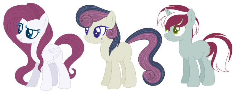 Size: 1053x410 | Tagged: safe, artist:marielle5breda, derpibooru import, oc, unofficial characters only, earth pony, pegasus, pony, unicorn, base used, magical gay spawn, magical lesbian spawn, offspring, parent:bon bon, parent:flim, parent:fluttershy, parent:noteworthy, parent:octavia melody, parent:rarity, parents:bontavia, parents:flarity, simple background, transparent background