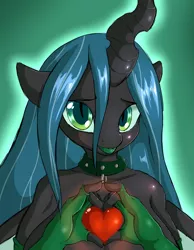 Size: 1480x1909 | Tagged: suggestive, artist:suirano, derpibooru import, queen chrysalis, anthro, changeling, changeling queen, big breasts, breasts, busty queen chrysalis, clothes, collar, cute, cutealis, evening gloves, female, fingerless elbow gloves, fingerless gloves, gloves, heart, heart hands, long gloves, looking at you, simple background, solo, solo female, stupid sexy chrysalis, subalis