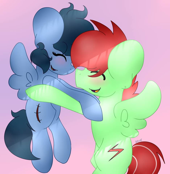 Size: 938x960 | Tagged: safe, artist:slenderdash, derpibooru import, oc, oc:faith, oc:minty light, pony, cute, faithlight, holding a pony