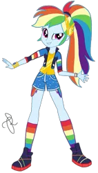 Size: 1164x2048 | Tagged: safe, artist:ilaria122, derpibooru import, rainbow dash, equestria girls, equestria girls series, leak, alternate hairstyle, bracelet, clothes, geode of super speed, hairband, ponytail, rainbow socks, shirt, shoes, shorts, simple background, sneakers, socks, solo, striped socks, t-shirt, transparent background