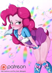 Size: 724x1023 | Tagged: suggestive, artist:the-dark-mangaka, derpibooru import, pinkie pie, equestria girls, adorasexy, blue underwear, blushing, boots, bottomless, breasts, clothes, commando, covering, cute, embarrassed, female, legs, mouth hold, panties, partial nudity, patreon, patreon logo, pointed breasts, ribbon, sexy, shoes, skirt, skirt lift, skirt pull, solo, solo female, thighs, underwear, wind