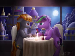 Size: 1024x768 | Tagged: safe, artist:novaintellus, derpibooru import, oc, oc:digidash, oc:hope dawn, unofficial characters only, pegasus, pony, alcohol, candle, canterlot, chair, date, floppy ears, flower, gay, glass, looking at each other, male, moon, night, oc x oc, plate, romantic, rose, shipping, sitting, stallion, table, vase, window, wine, wine glass