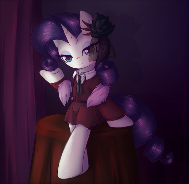 Size: 873x850 | Tagged: safe, artist:nika191319, derpibooru import, rarity, pony, unicorn, rarity investigates, clothes, female, horn, looking at you, mare, solo