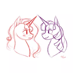 Size: 1280x1280 | Tagged: safe, artist:eeviart, derpibooru import, sunset shimmer, twilight sparkle, pony, unicorn, cute, female, lesbian, looking at each other, mare, pencil drawing, shimmerbetes, shipping, smiling, sunsetsparkle, traditional art, twiabetes