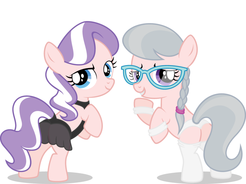 Size: 4000x3000 | Tagged: suggestive, artist:leopurofriki, derpibooru import, edit, editor:slayerbvc, vector edit, diamond tiara, silver spoon, earth pony, pony, clothes, female, filly, furless, furless edit, glasses, lingerie, missing accessory, panties, plot, see-through, shaved, simple background, socks, transparent background, underwear, vector, white underwear