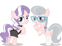 Size: 4000x3000 | Tagged: suggestive, artist:leopurofriki, derpibooru import, edit, editor:slayerbvc, vector edit, diamond tiara, silver spoon, earth pony, pony, clothes, female, filly, furless, furless edit, glasses, lingerie, missing accessory, panties, plot, see-through, shaved, simple background, socks, transparent background, underwear, vector, white underwear