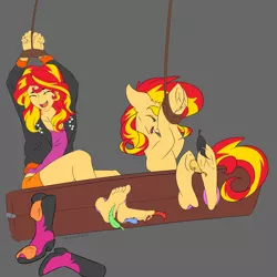 Size: 2000x2000 | Tagged: suggestive, artist:icey-wicey-1517, artist:lakanakana, derpibooru import, sunset shimmer, pony, unicorn, equestria girls, arms in the air, barefoot, bondage, boots, breasts, clothes, collaboration, colored, erotic tickling, eyes closed, feather, feet, female, females only, femsub, fetish, foot fetish, gray background, high heel boots, hoof fetish, human ponidox, jacket, laughing, leather jacket, mare, nail polish, open mouth, rope, rope bondage, self ponidox, shoes, simple background, skirt, socks, soles, stocks, submissive, tanktop, thighs, tickle fetish, tickle torture, tickling, underhoof