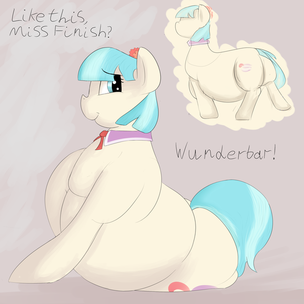 Size: 2500x2500 | Tagged: safe, artist:lupin quill, derpibooru import, coco pommel, earth pony, pony, belly, big belly, chubby, coco pudge, dialogue, fat, implied photo finish, offscreen character, simple background, smiling, solo