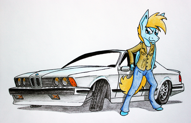 Size: 4952x3184 | Tagged: anthro, artist:bumskuchen, bmw, bmw 6-series, bmw e24, car, clothes, derpibooru import, oc, pegasus, plantigrade anthro, safe, traditional art