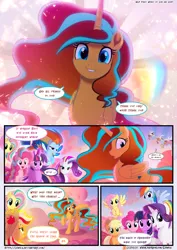 Size: 3500x4950 | Tagged: safe, artist:light262, artist:lummh, derpibooru import, applejack, discord, fluttershy, pinkie pie, rainbow dash, rarity, twilight sparkle, twilight sparkle (alicorn), oc, oc:princess tempora, alicorn, pony, comic:timey wimey, alicorn oc, comic, cute, dialogue, friendship, mane six, ocbetes, rainbow power, smiling, speech bubble, when she smiles