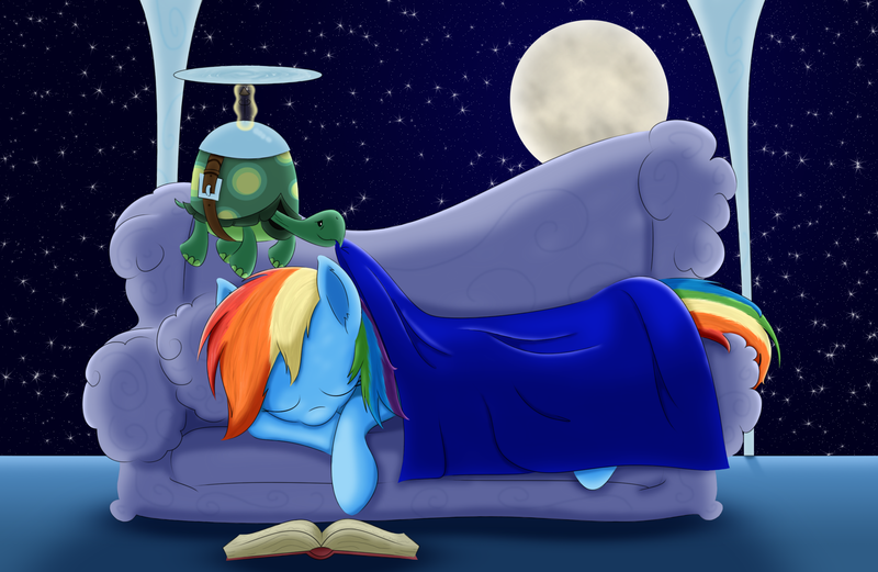 Size: 2745x1789 | Tagged: artist:lifesharbinger, blanket, book, couch, derpibooru import, moon, night, rainbow dash, safe, sleeping, starry night, tank