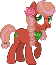 Size: 1929x2240 | Tagged: safe, artist:thepegasisterpony, derpibooru import, oc, oc:tickled pink, unofficial characters only, earth pony, pony, base used, braid, female, flower, flower in hair, freckles, mare, neckerchief, offspring, parent:big macintosh, parent:fluttershy, parents:fluttermac, raised hoof, rose, simple background, solo, transparent background