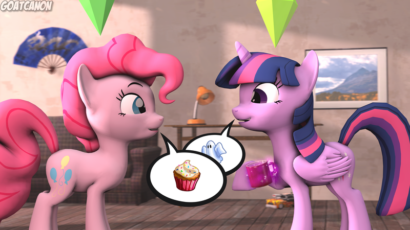 Size: 3840x2160 | Tagged: 3d, alicorn, artist:goatcanon, coffee, coffee mug, conversation, couch, crossover, cupcake, derpibooru import, desk, food, framed picture, ghost, levitation, magic, mug, parody, pictogram, pinkie pie, plumbob, safe, source filmmaker, speech bubble, talking, telekinesis, the sims, twilight sparkle, twilight sparkle (alicorn)