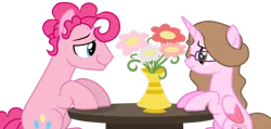 Size: 1024x487 | Tagged: safe, artist:cindydreamlight, derpibooru import, pinkie pie, oc, oc:cindy, alicorn, pony, bubble berry, canon x oc, female, flower, glasses, looking at each other, male, mare, rule 63, shipping, simple background, stallion, straight, transparent background